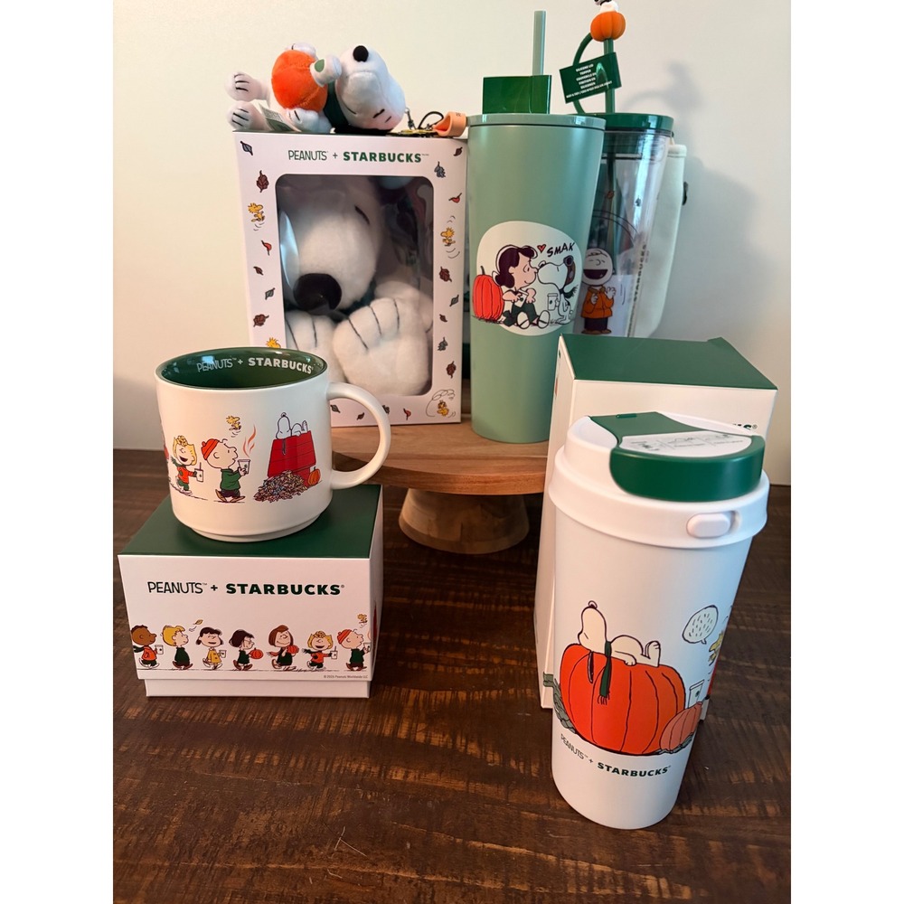 Starbucks X Peanuts Snoopy Lot of 7 Mug Hot Cold Tumblers Tote Keychain Plush - Picture 3 of 10